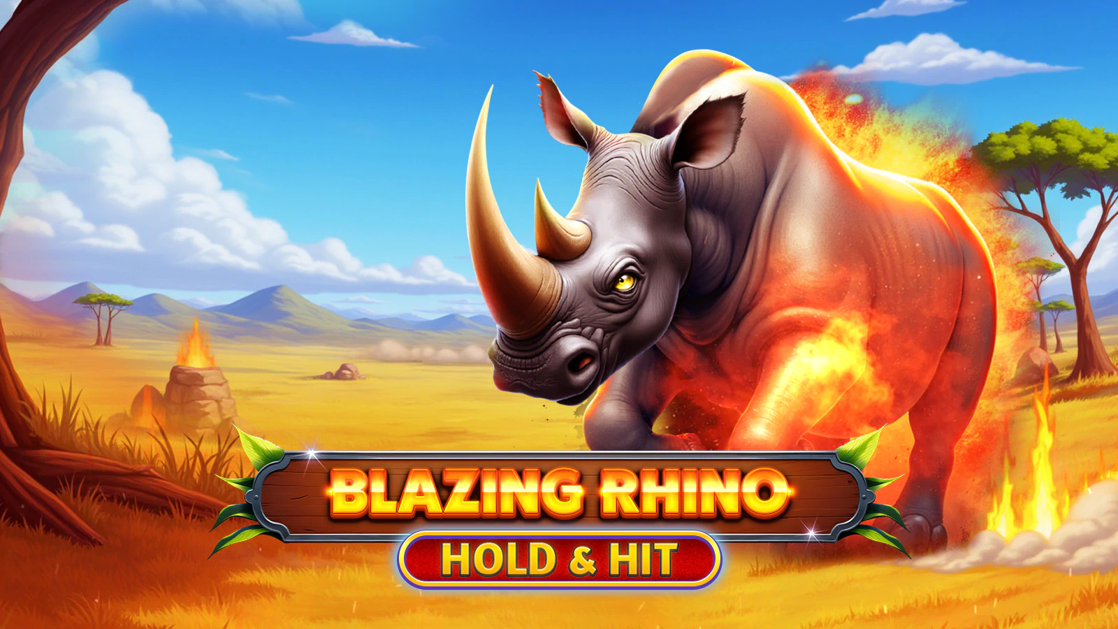 A rhino charging through flames across the golden savannah, acacia trees behind, above the Blazing Rhino Hold & Hit logo