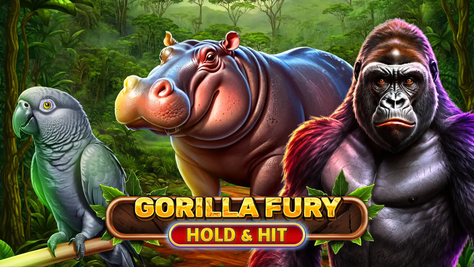 A silverback gorilla, a hippo and an African grey parrot in a green forest, above the Gorilla Fury Hold & Hit logo